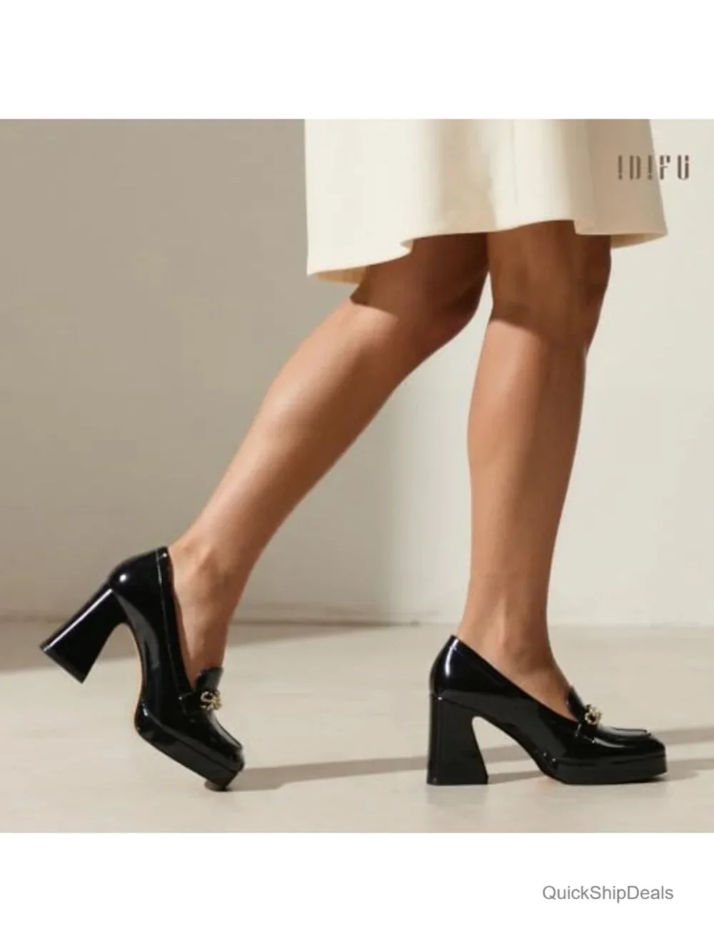 Platform Chunky Heel Loafers with Metal Chain | Square Toe Dress Shoes